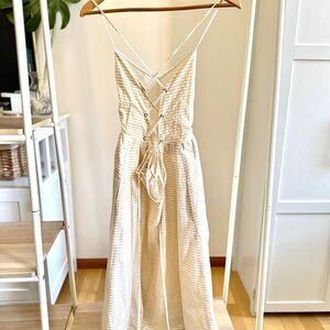 DRA pale yellow and white striped backless strappy lined midi dress w/ pockets